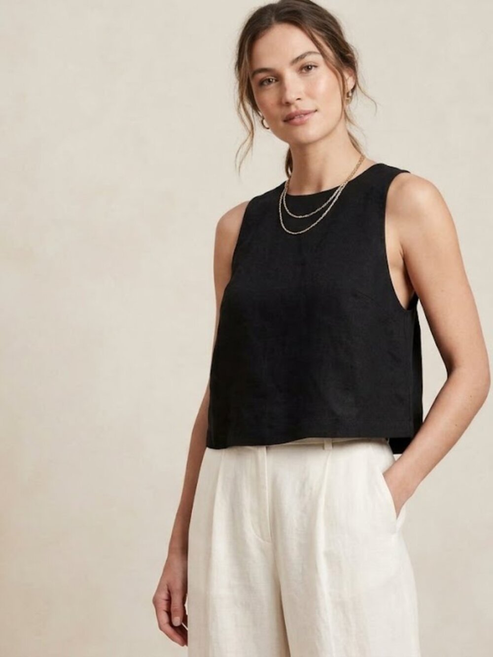 Banana Republic Black Linen Blend Cropped Tank Top Crew Neck Sleeveless L NWT